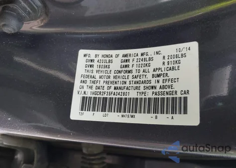 2015 Honda Accord Lx из США, поврежденный, VIN 1HGCR2F35FA042801